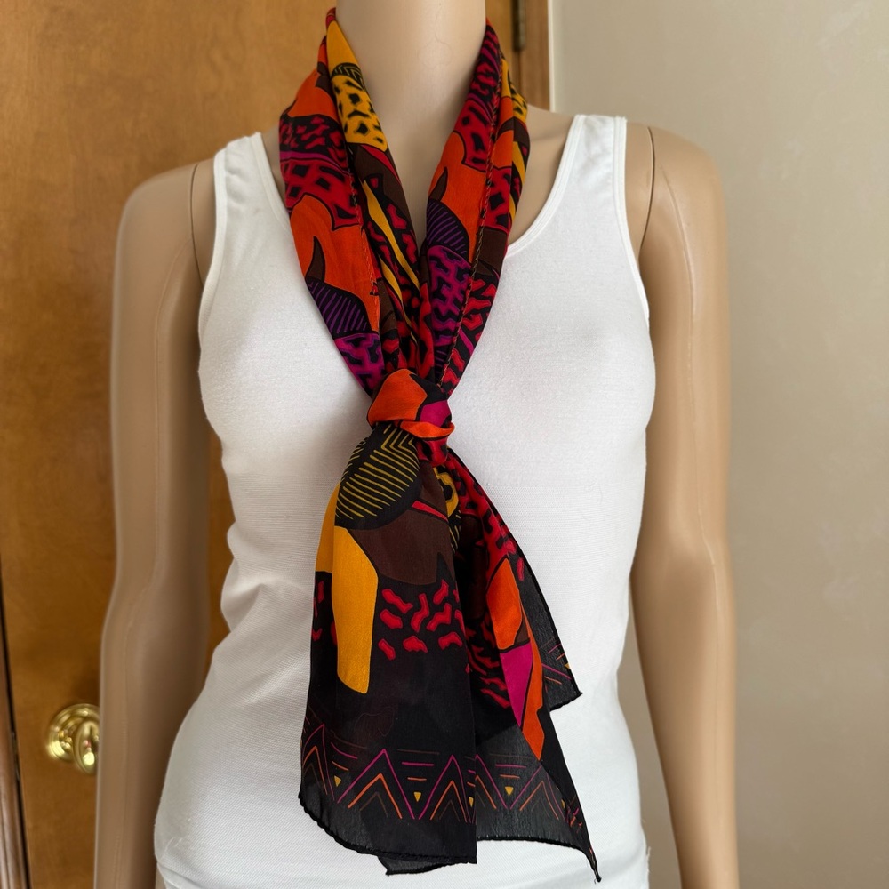 Vintage Tomato Red Black Bright Yellow Silk Oblong Scarf Hawaiian Floral Print - Picture 4 of 9